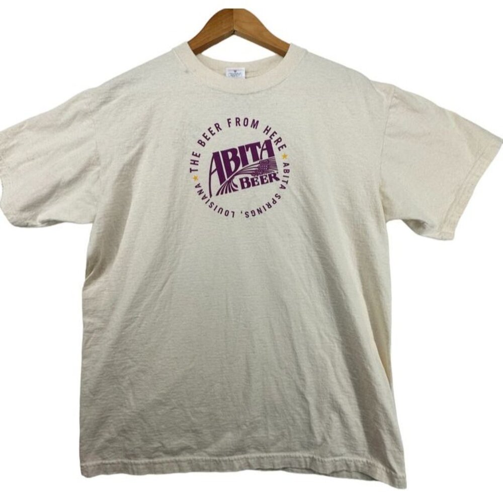 Vintage Abita Beer T-Shirt L White Purple Logo "The Beer from Here" RARE Novelty